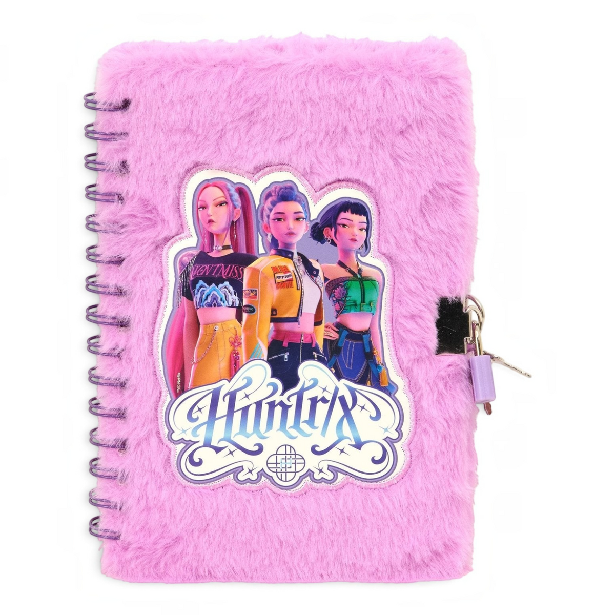 Journal intime Le Studio Fantastique en fourrure rose avec les personnages Rumi, Mira et Zoey de KPop Demon Hunters
