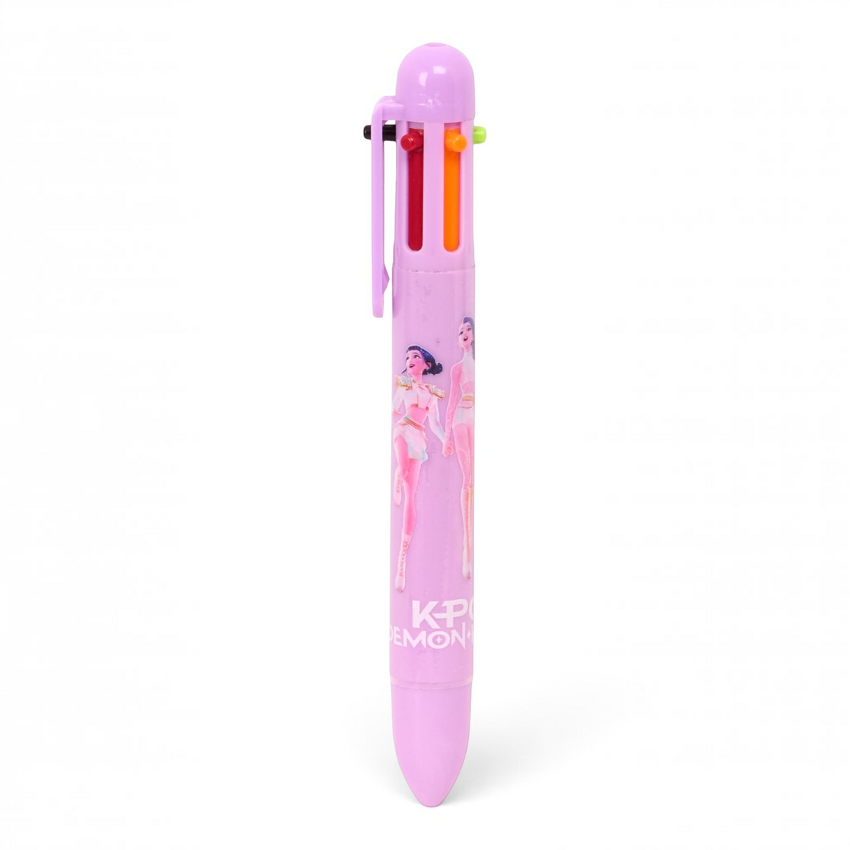 Stylo multicolore Le Studio Fantastique KPop Demon Hunters avec illustrations de Rumi, Mira et Zoey sur fond violet