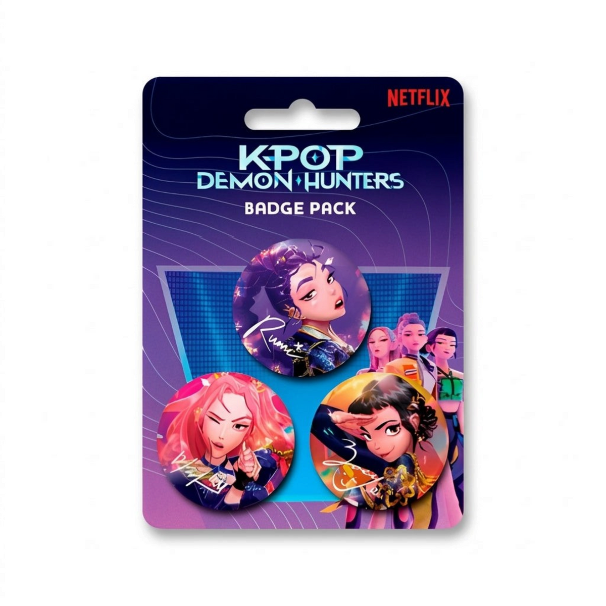 Pack de 3 badges officiels Le Studio Fantastique K-Pop Demon Hunters avec Rumi, Zoey et Mira et leurs signatures.