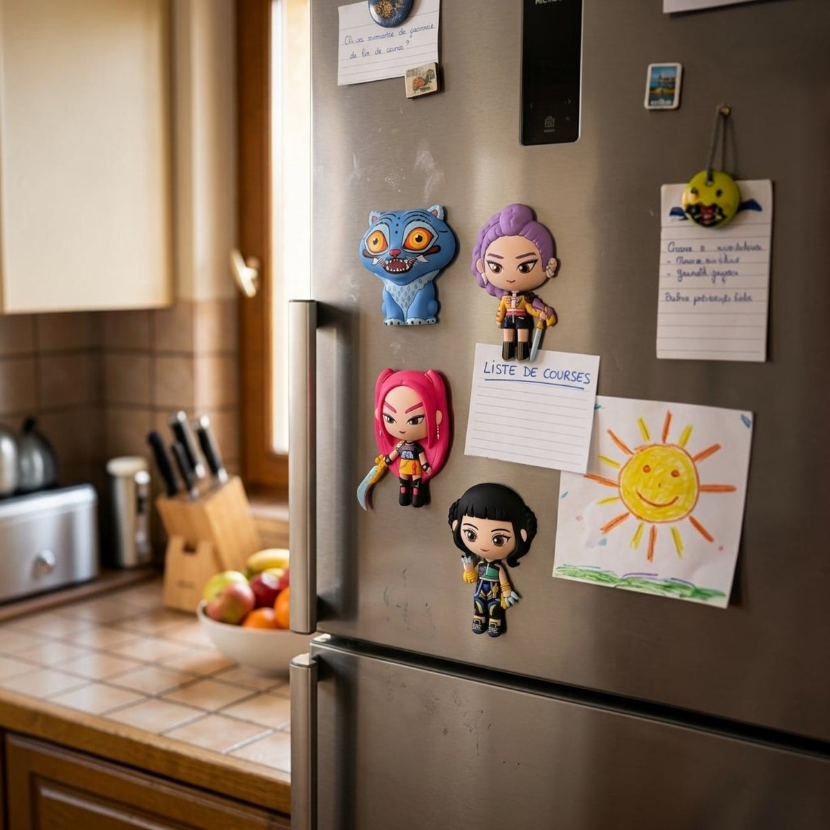 Aimant 3D en mousse Derpy de Le Studio Fantastique fixé sur un réfrigérateur en inox avec d'autres personnages