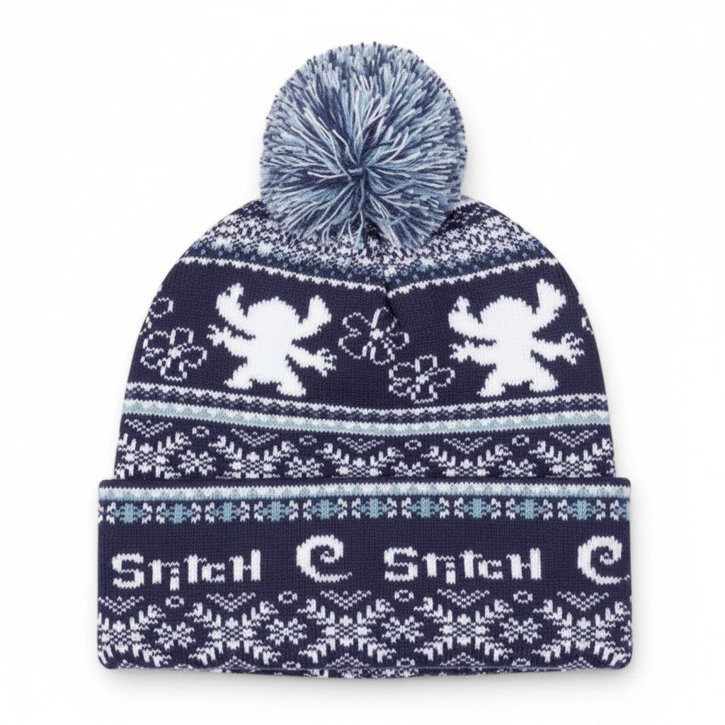 Bonnet bleu marine en acrylique Le Studio Fantastique avec pompon, motif Stitch et flocons de neige.