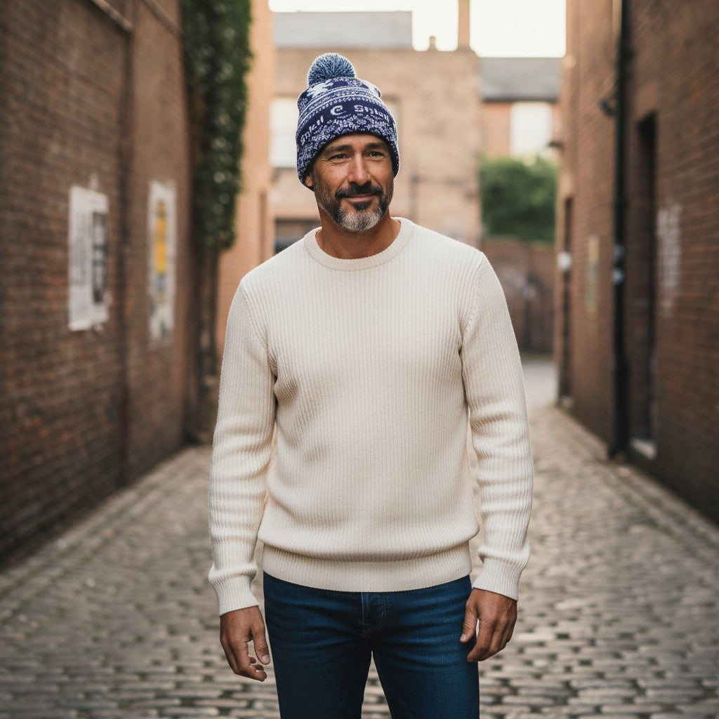 Le Studio Fantastique Bonnet bleu marine en acrylique avec pompon et motif Stitch, idéal pour l'hiver.