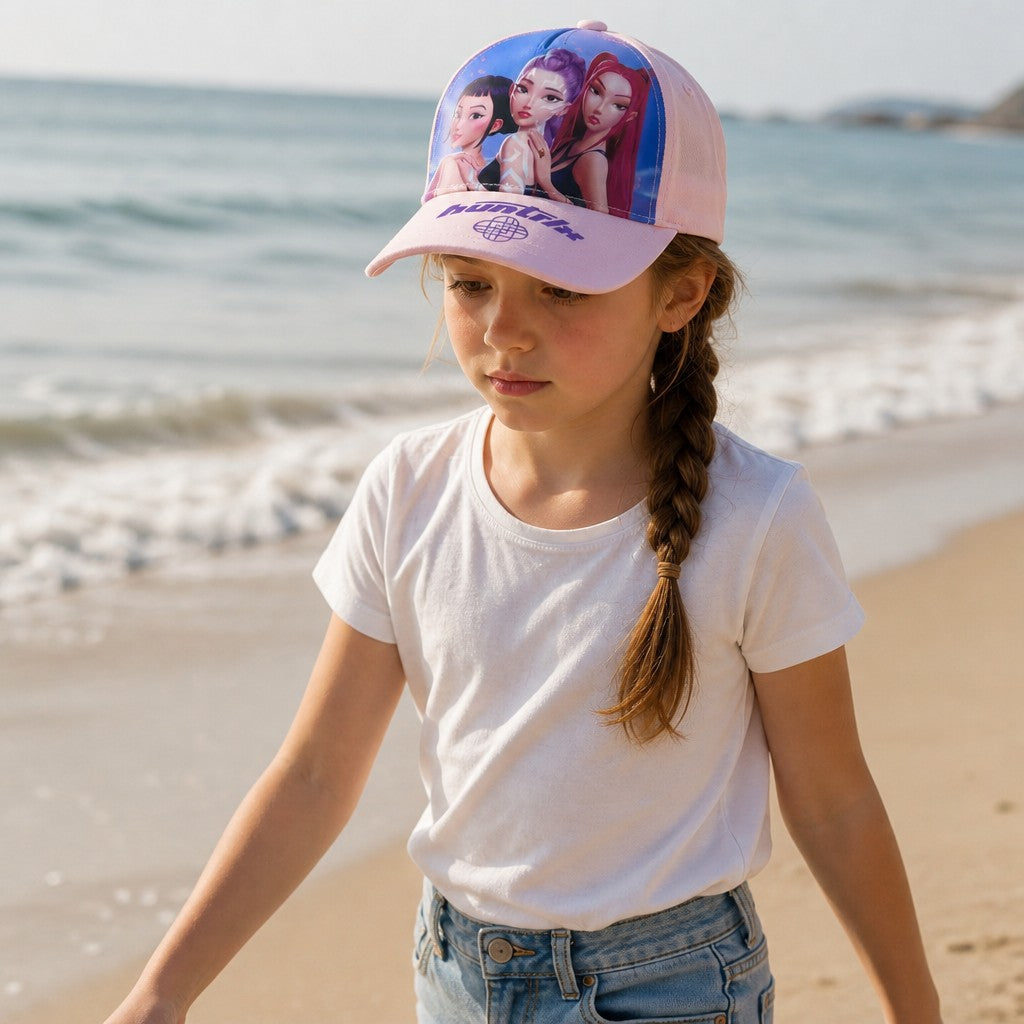 Jeune fille portant une casquette rose Le Studio Fantastique Huntrix avec les membres du groupe KPop sur la plage