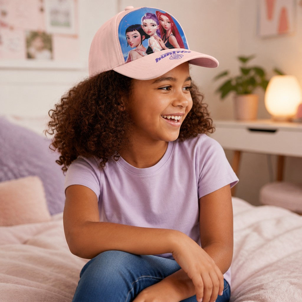 Jeune fille souriante portant une casquette rose Le Studio Fantastique à l'effigie du groupe KPop Huntrix