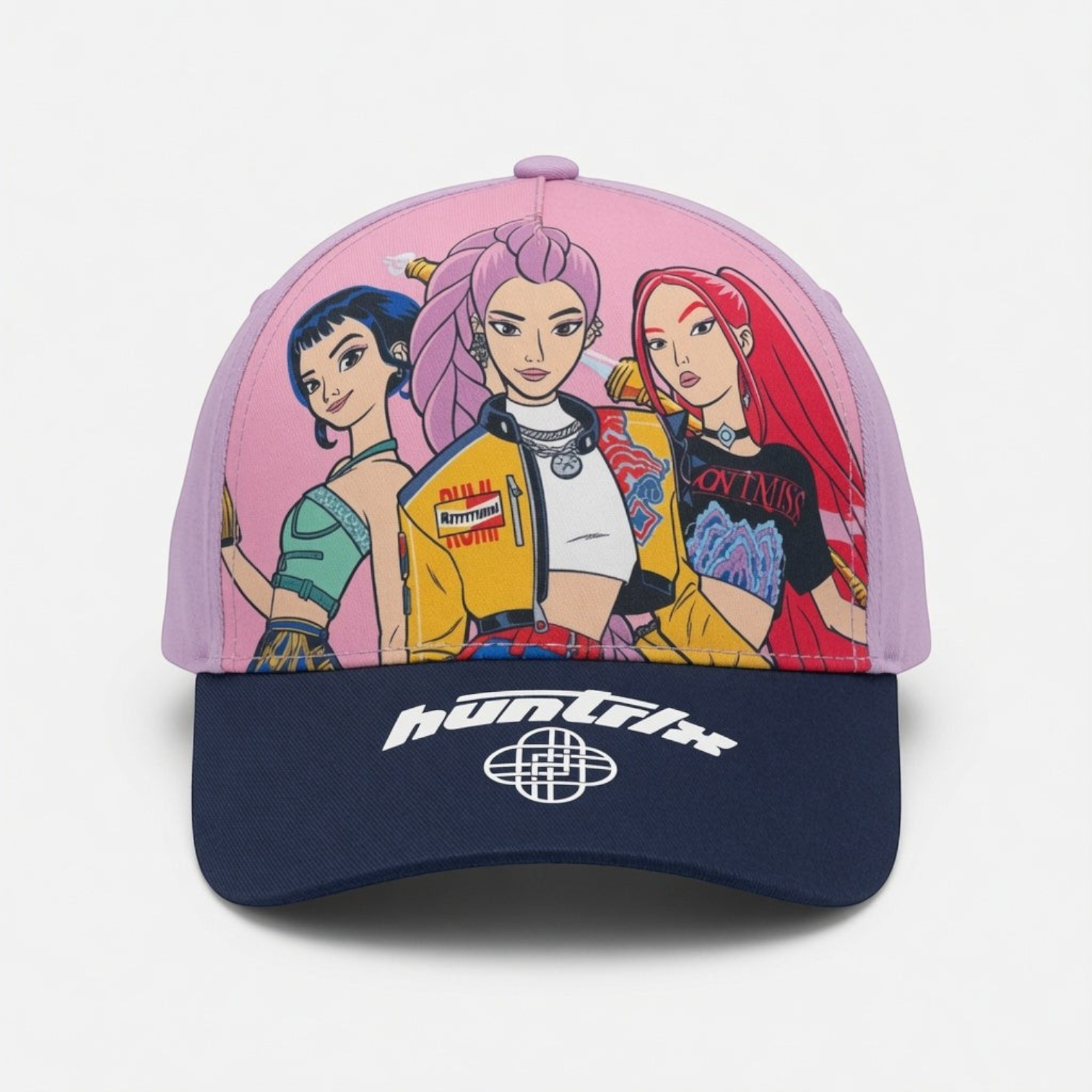 Casquette enfant Le Studio Fantastique Huntrix mauve et bleu marine en PU avec illustration du groupe KPop