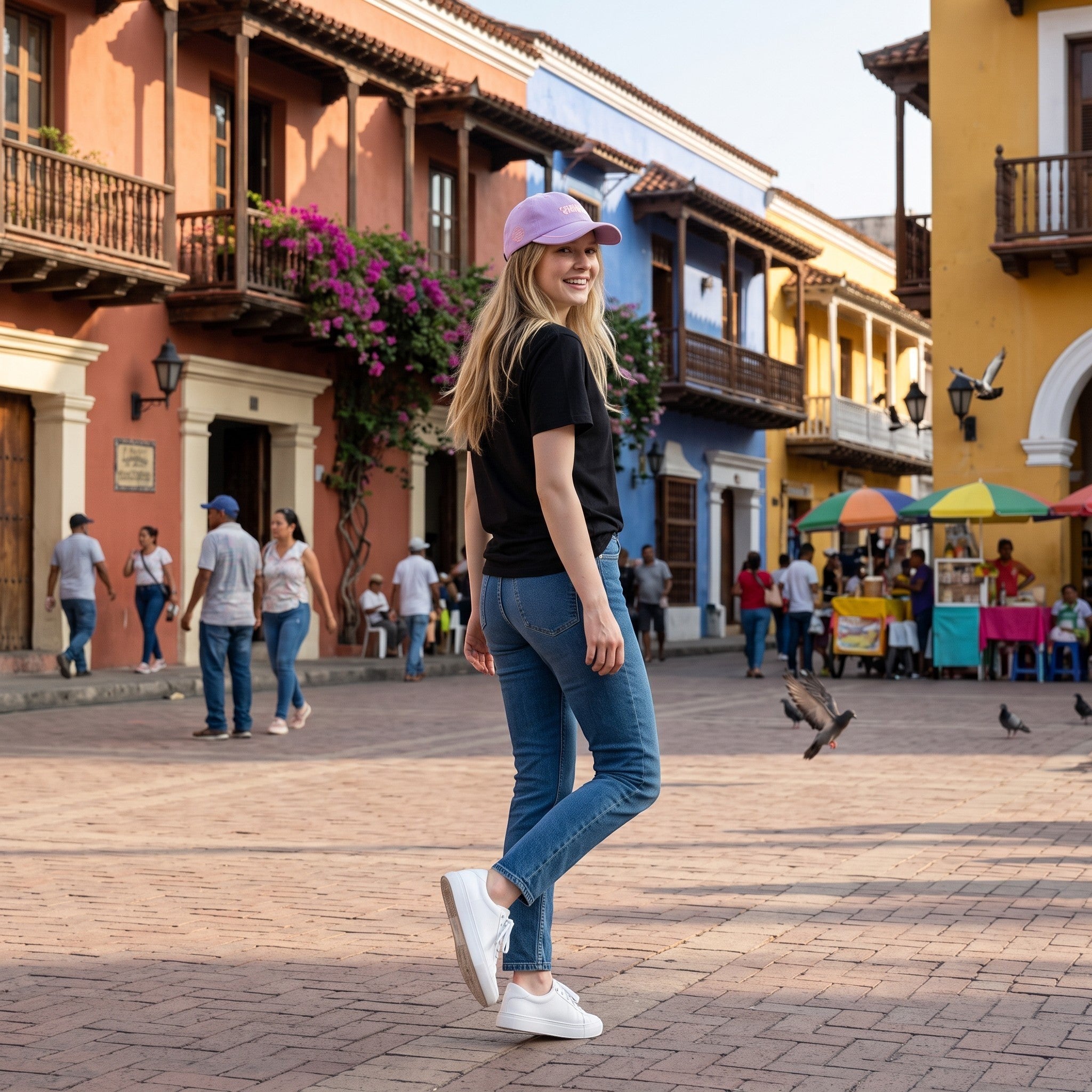 Jeune femme portant une casquette lilas Le Studio Fantastique Huntrix en coton dans une rue colorée