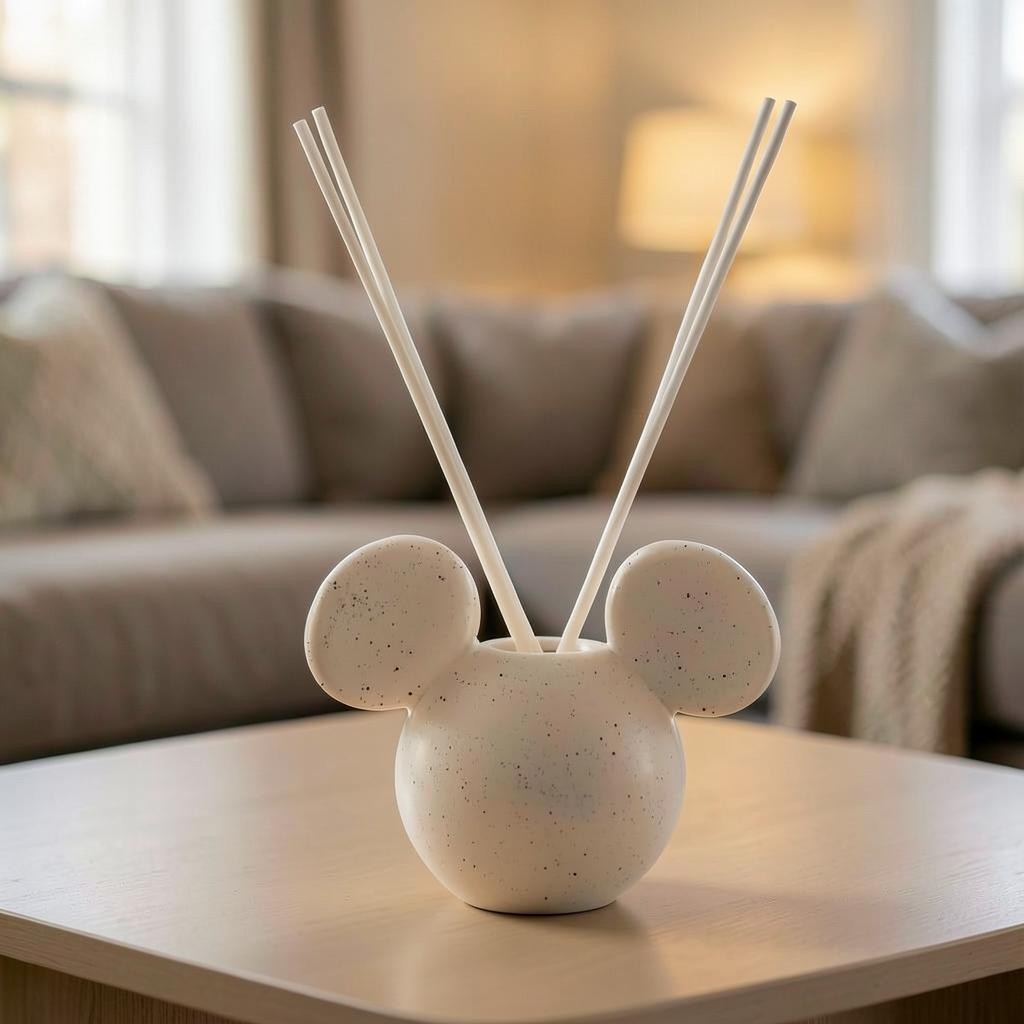 Diffuseur de parfum Le Studio Fantastique Disney Mickey en céramique blanche mate mouchetée avec tiges parfumées