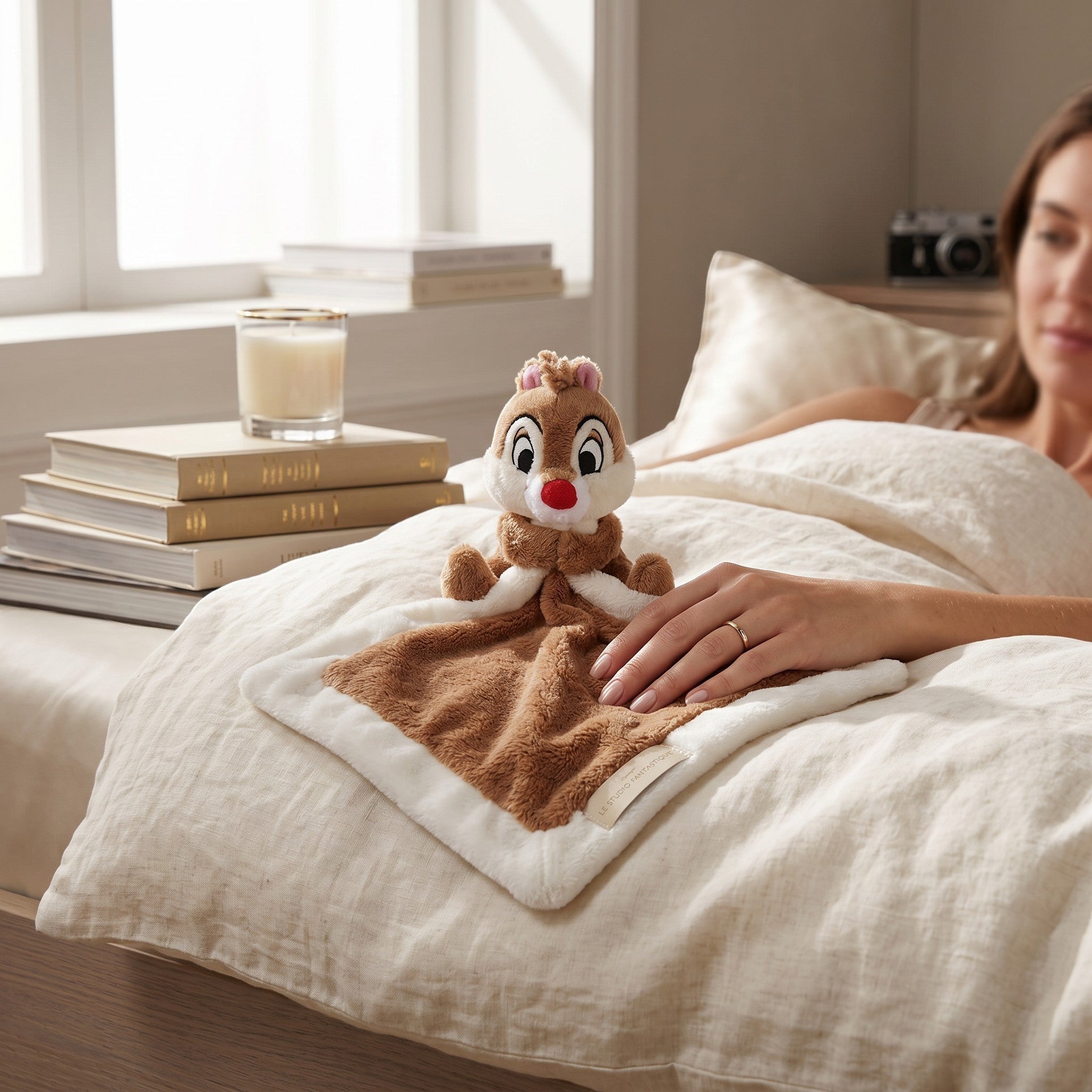 Doudou plat Le Studio Fantastique avec peluche Tic et Tac marron et blanc en matière ultra douce pour bébé
