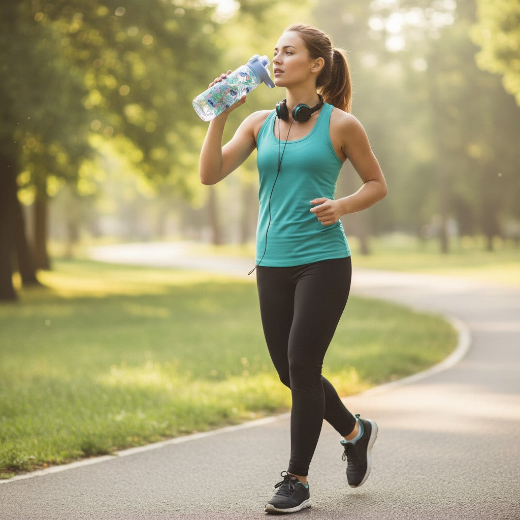 Femme sportive buvant à une gourde XXL Stitch Le Studio Fantastique lors d'un jogging dans un parc ensoleillé