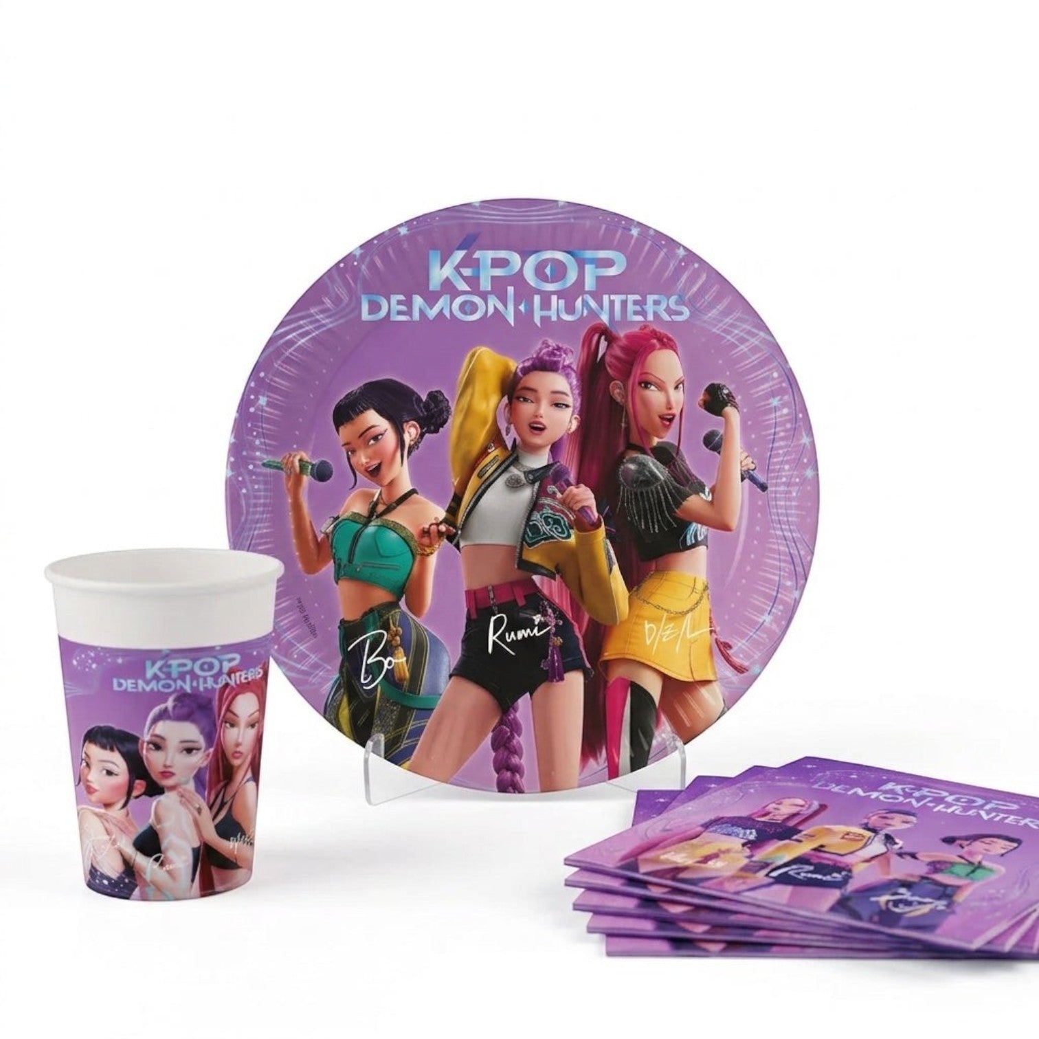 Kit anniversaire Le Studio Fantastique K-Pop Demon Hunters avec assiettes, gobelets et serviettes illustrés