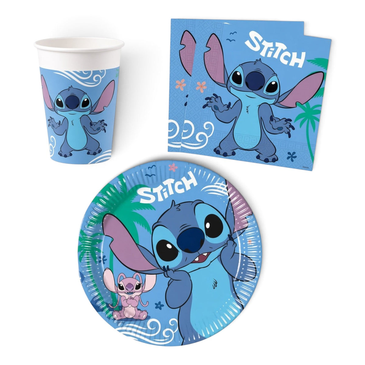 Kit anniversaire Le Studio Fantastique Stitch avec assiettes, gobelets et serviettes en papier bleues Disney