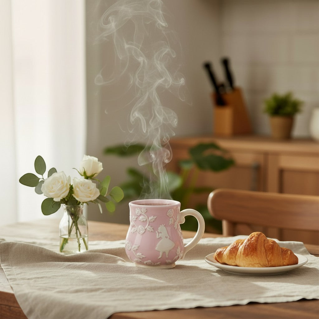 Mug rose en céramique Le Studio Fantastique avec relief du Chat du Cheshire, posé sur une table avec un croissant.