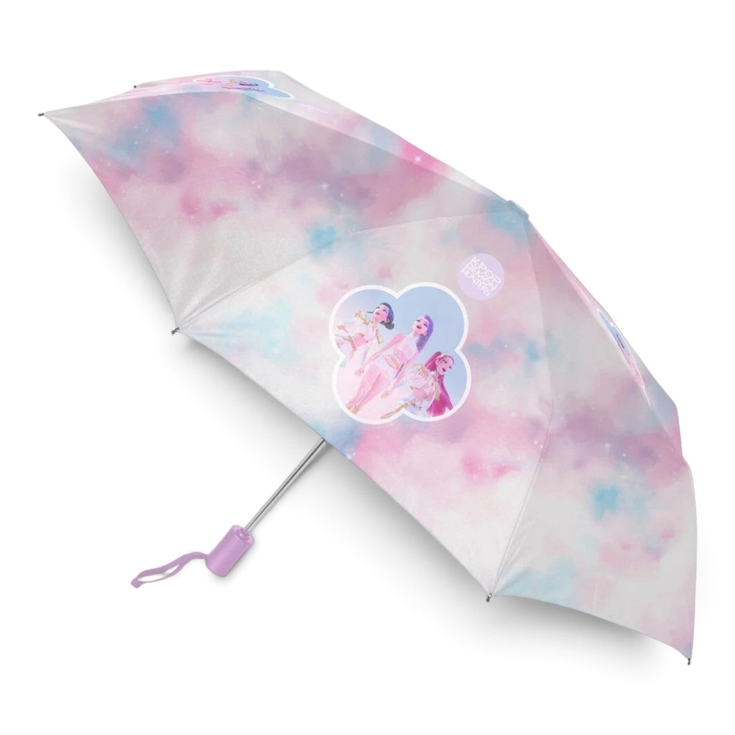 Parapluie pliable Le Studio Fantastique KPop Demon Hunters avec motif galactique rose, bleu et violet et le groupe Huntrix