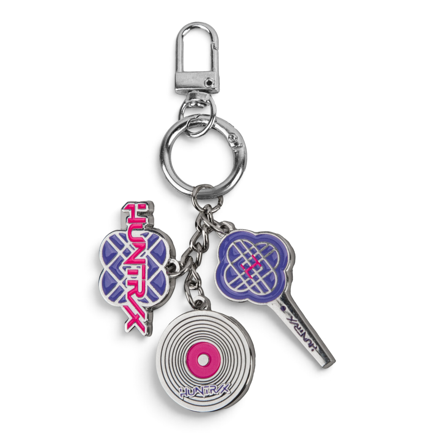 Porte-clés Le Studio Fantastique en alliage de zinc avec charms logo HUNTR/X, lightstick et vinyle aux tons violet