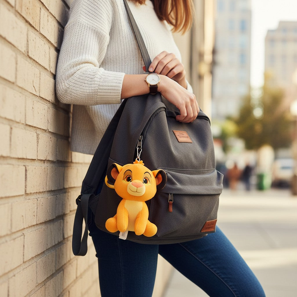 Porte-clés peluche Simba Le Studio Fantastique accroché à un sac à dos gris, design doux en polyester orange.