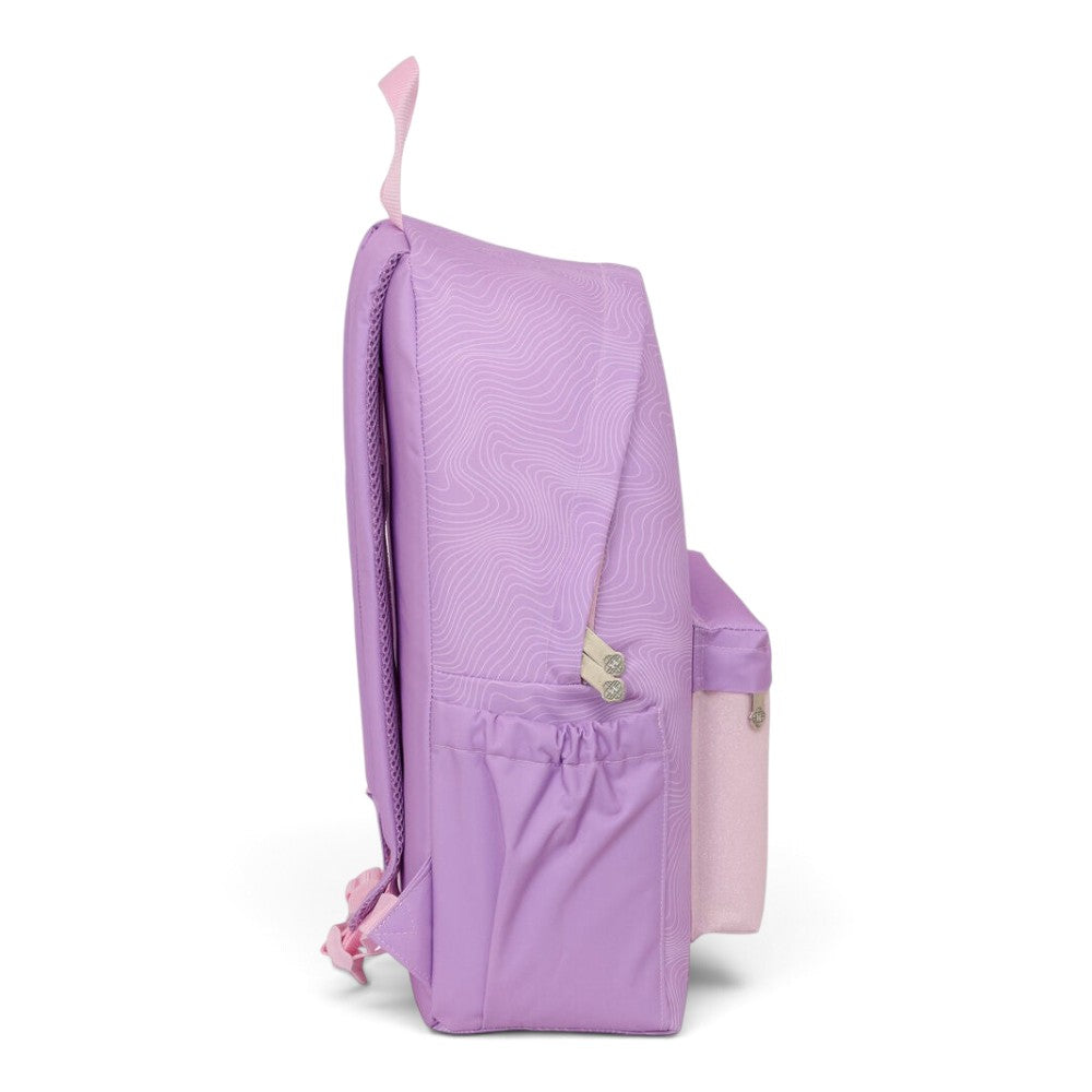Sac à dos rose Le Studio Fantastique Huntrix avec motif ondulé, vue de profil, idéal pour ordinateur 14 pouces.