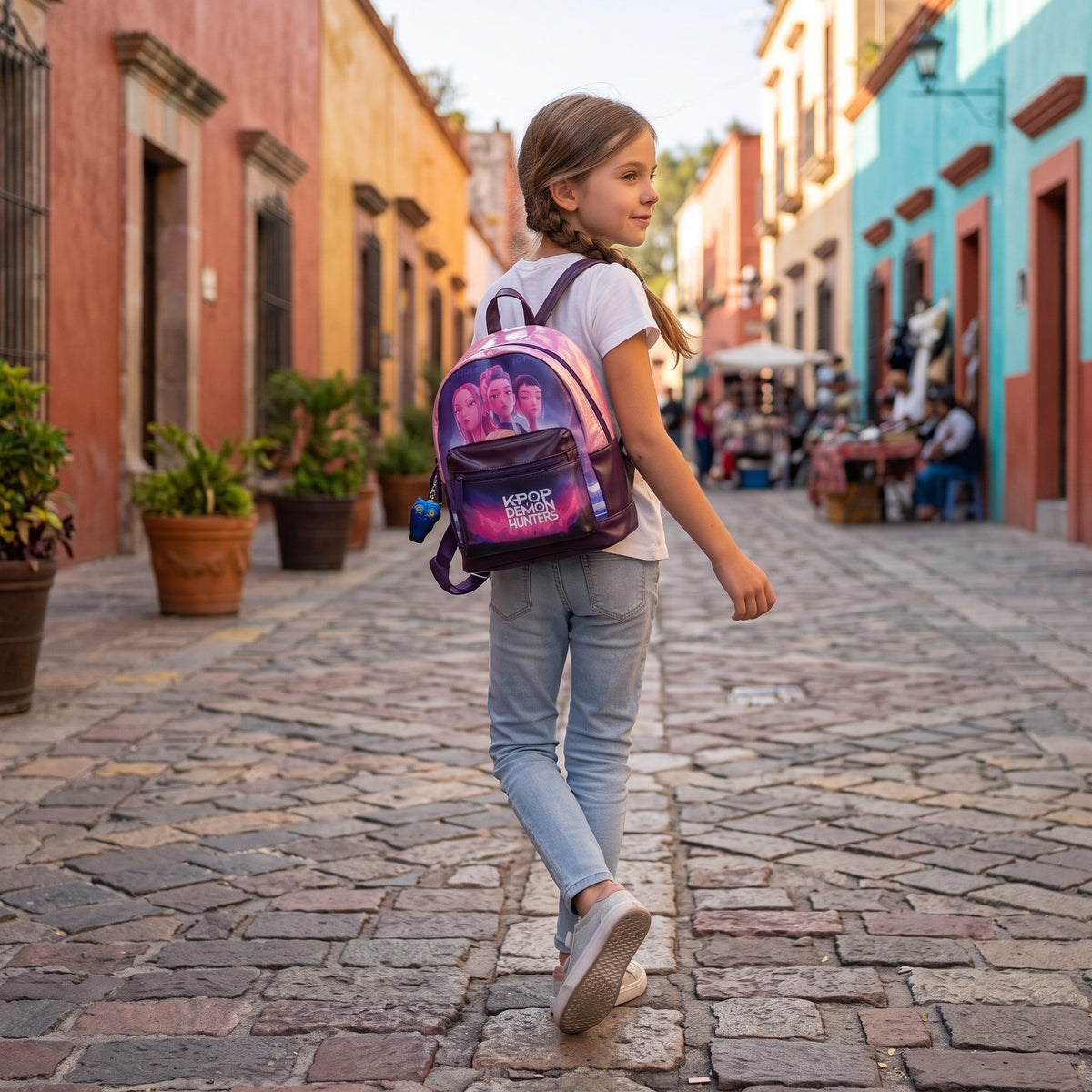 Jeune fille portant un sac à dos violet KPop Demon Hunters de Le Studio Fantastique avec un charm Derpy dans la rue.