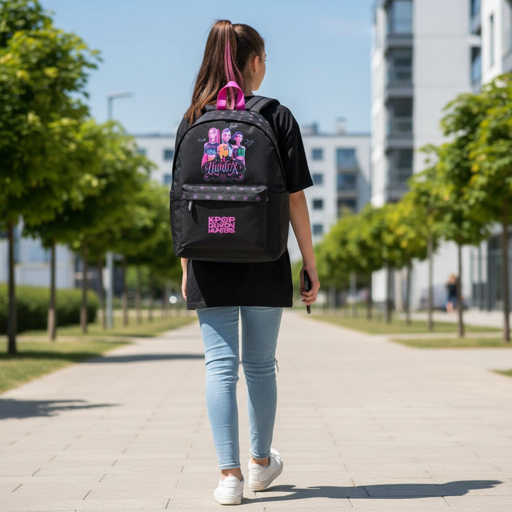 Jeune fille portant un sac à dos noir Le Studio Fantastique KPop Demon Hunters Huntrix de 43 cm en extérieur