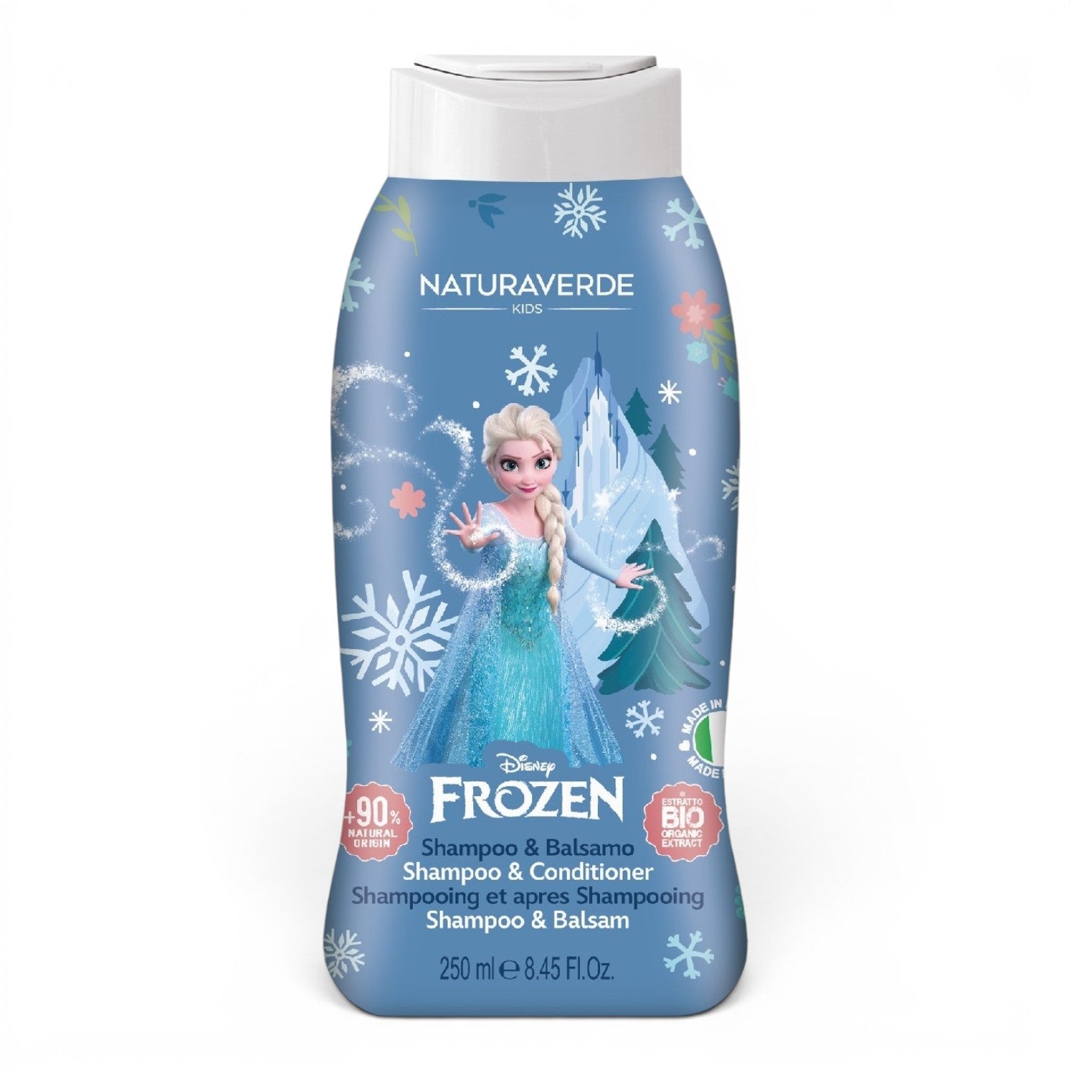 Le Studio Fantastique Shampoing et après-shampooing 2-en-1 La Reine des Neiges pour enfants, formule douce avec extrait de bleuet bio, 250 ml.