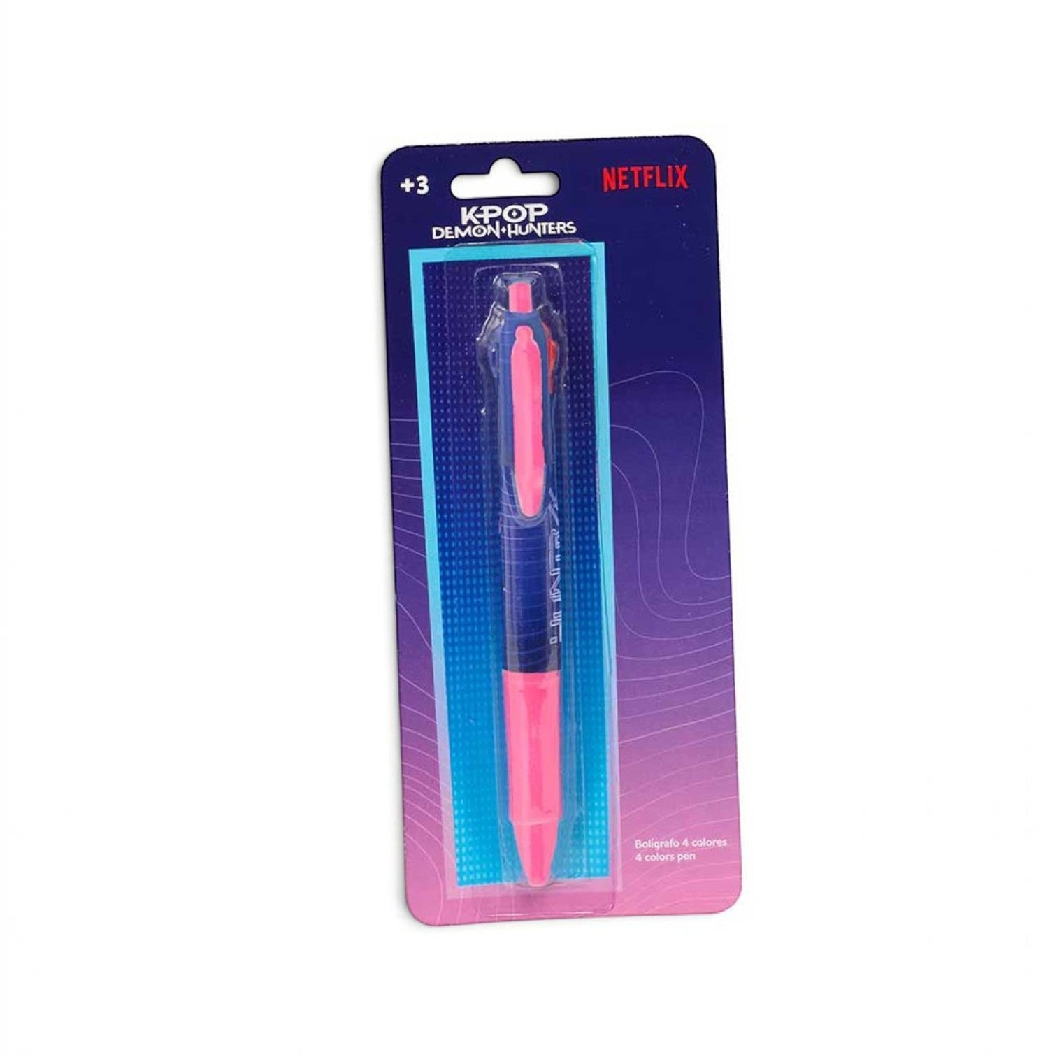 Stylo 4 couleurs Le Studio Fantastique KPop Demon Hunters bleu et rose avec Rumi, Mira et Zoey sur emballage blister