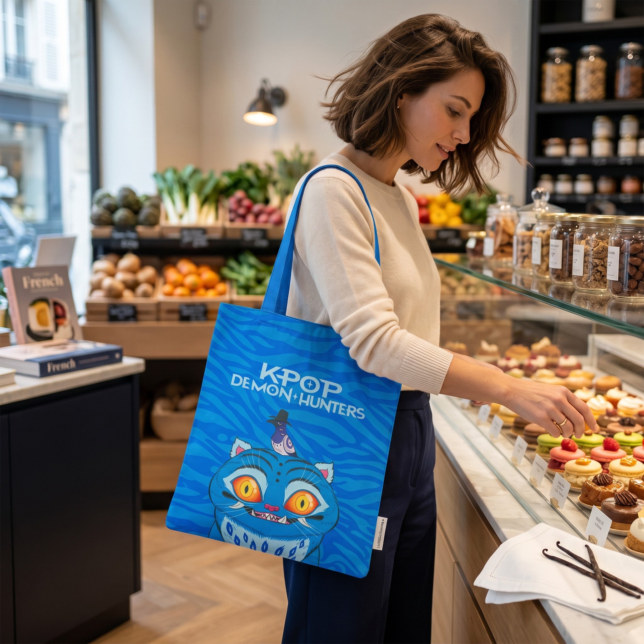 Femme portant un tote bag bleu Le Studio Fantastique avec l'illustration Derpy et Sussie de KPop Demon Hunters