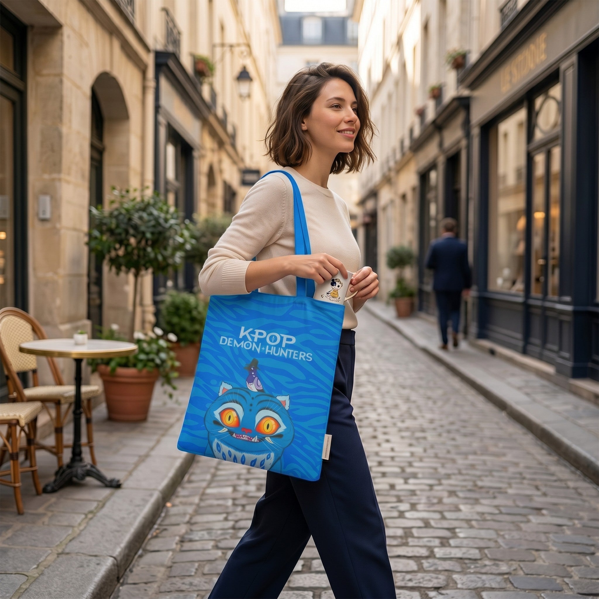 Femme portant un tote bag bleu Le Studio Fantastique avec l'illustration Derpy et Sussie de KPop Demon Hunters