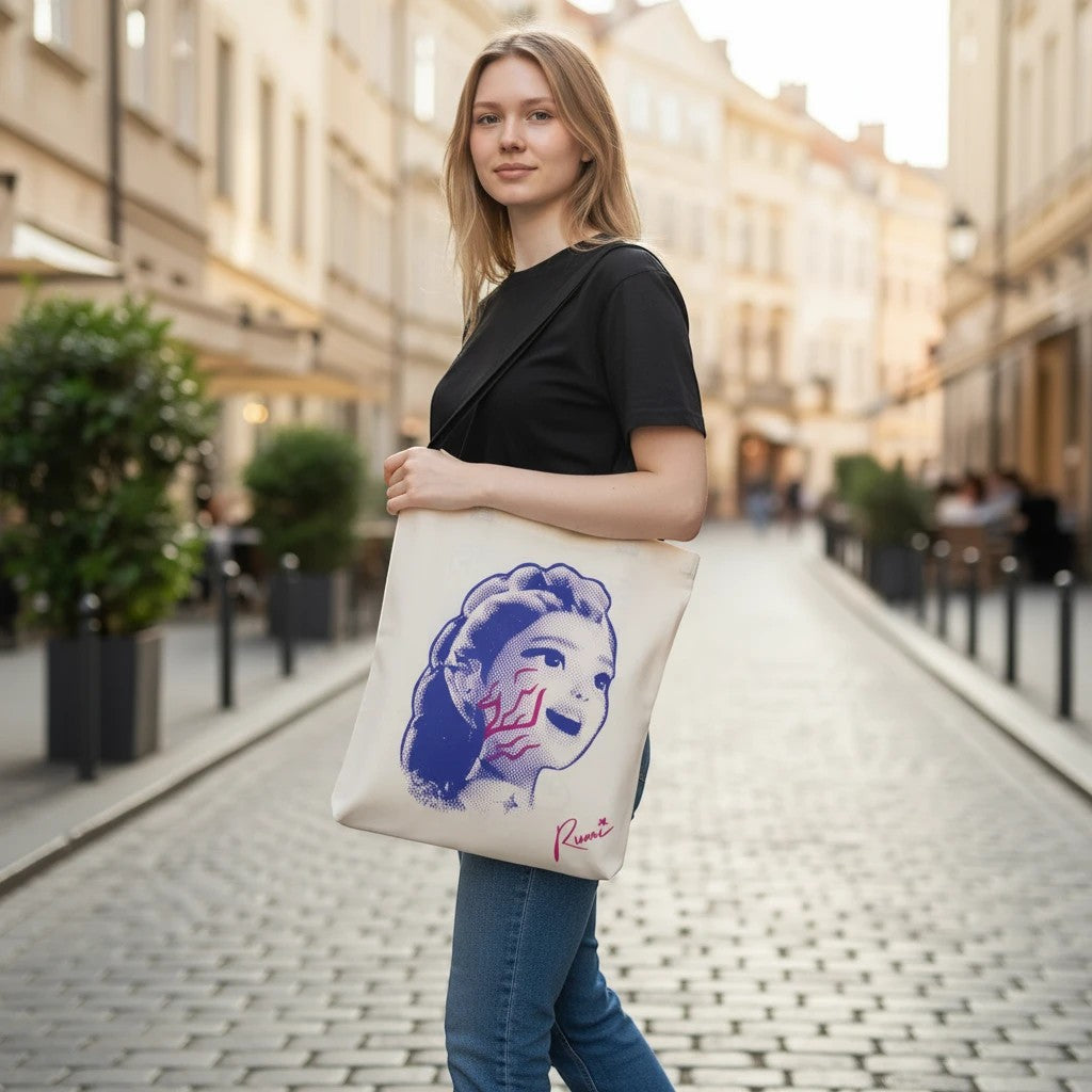 Le Studio Fantastique Tote Bag Rumi & Jinu KPop Demon Hunters, toile beige, illustration indigo et magenta, 42x38cm