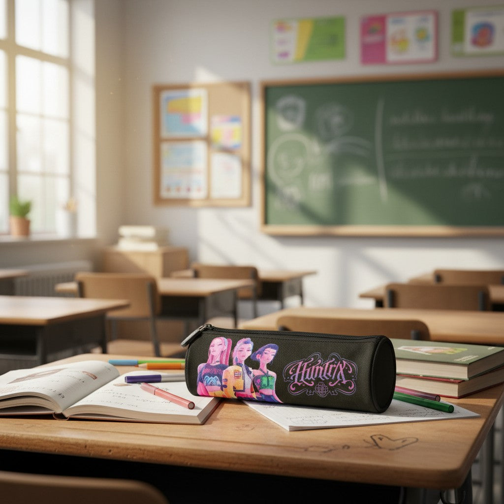 Trousse noire Le Studio Fantastique avec les personnages Rumi, Mira et Zoey de KPop Demon Hunters sur un bureau