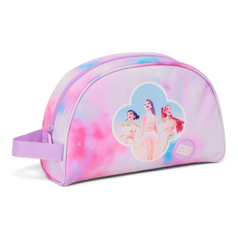 Trousse de toilette Le Studio Fantastique Huntrix rose et bleue avec les personnages Rumi, Mira et Zoey