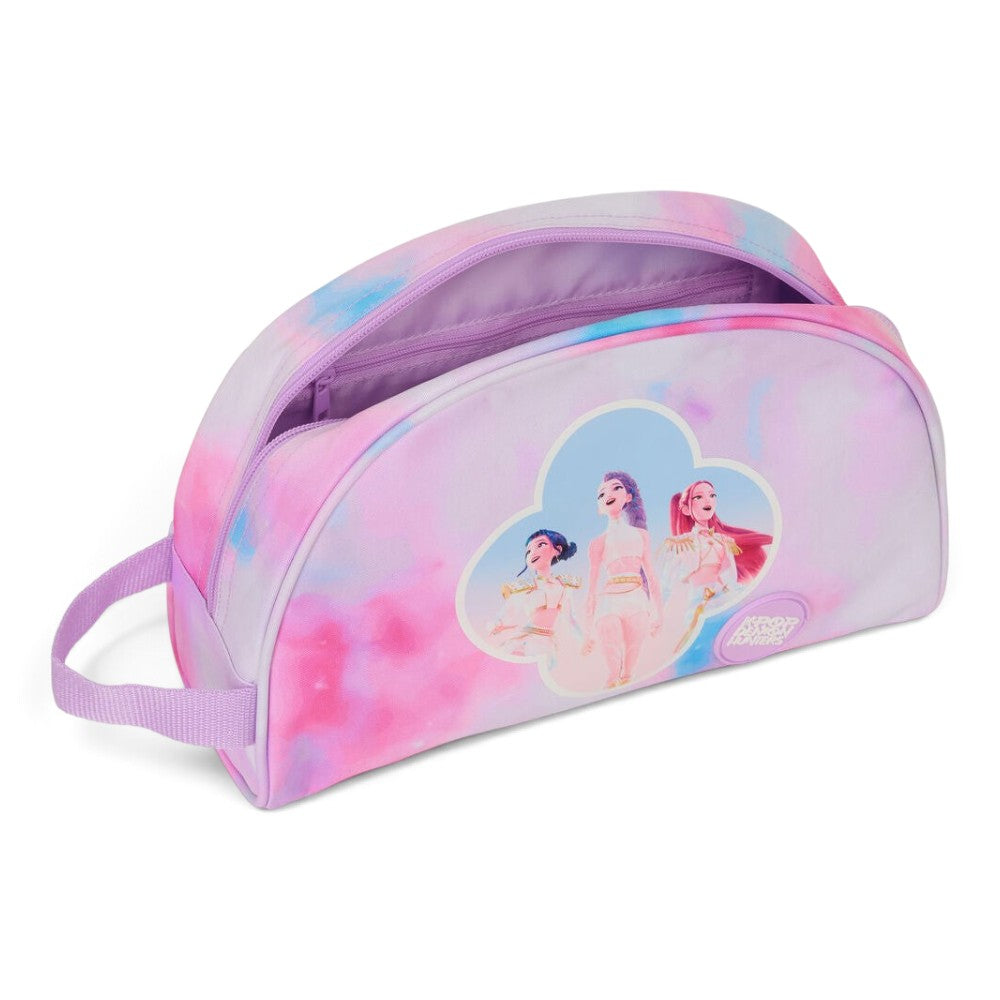 Trousse de toilette Le Studio Fantastique Huntrix avec motif tie-dye rose et bleu et personnages Rumi, Mira et Zoey