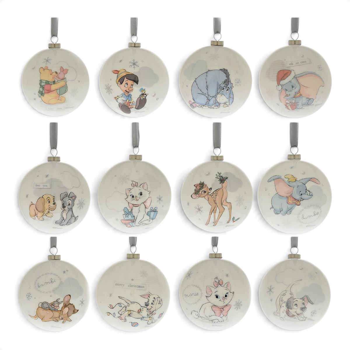 Coffret de 12 boules de Noël Disney Le Studio Fantastique en plastique blanc avec illustrations pastel des personnages